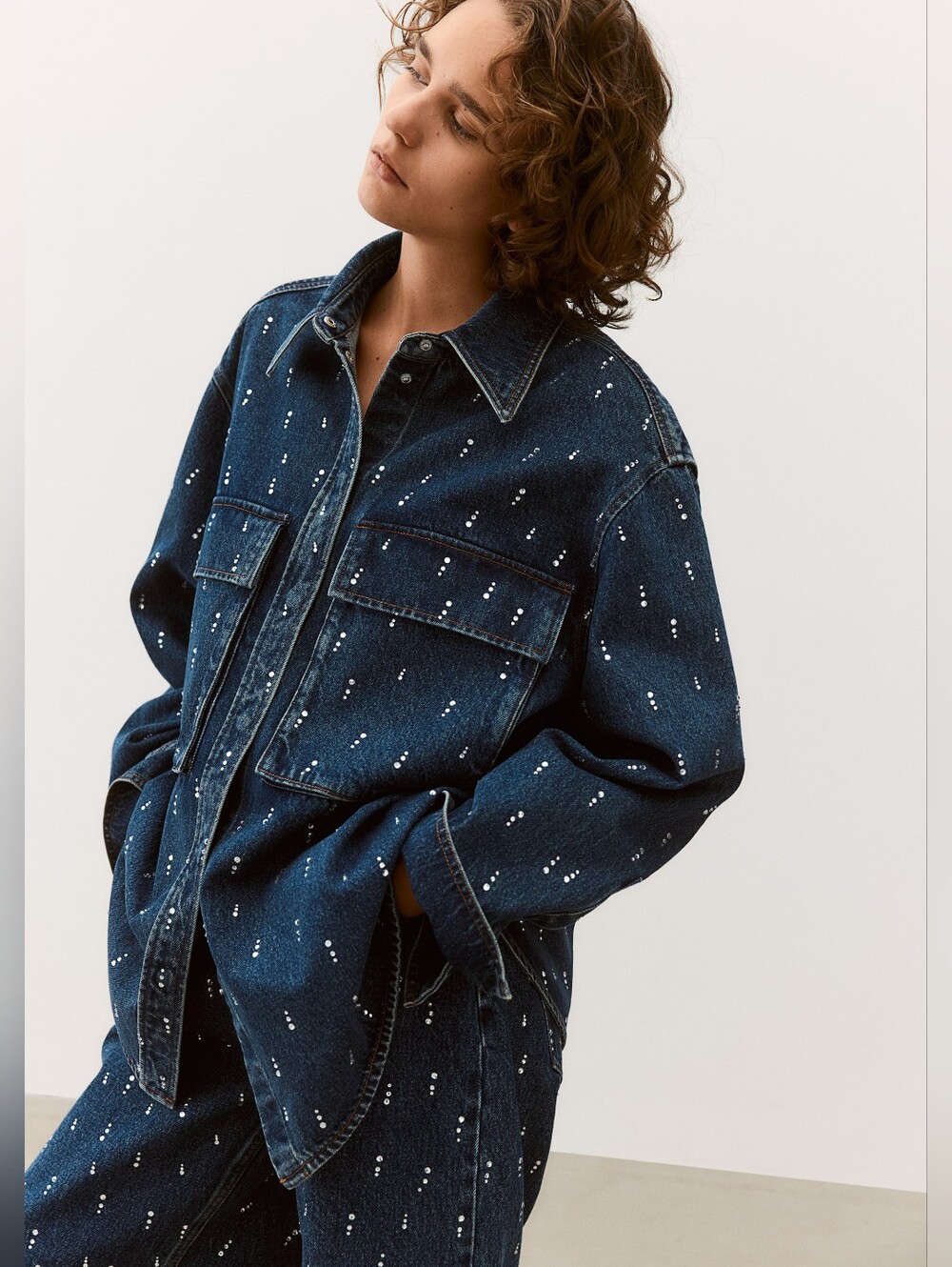H&M Rhinestone-embellished Denim Shirt Oversized Denim Blue BNWT Sz S